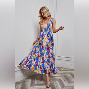 Blue Floral Tie-Shoulder Maxi Dress with Smocked Bodice